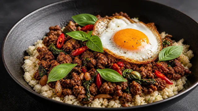 Finished keto Thai basil beef with cauliflower rice, Thai basil, and a fried egg