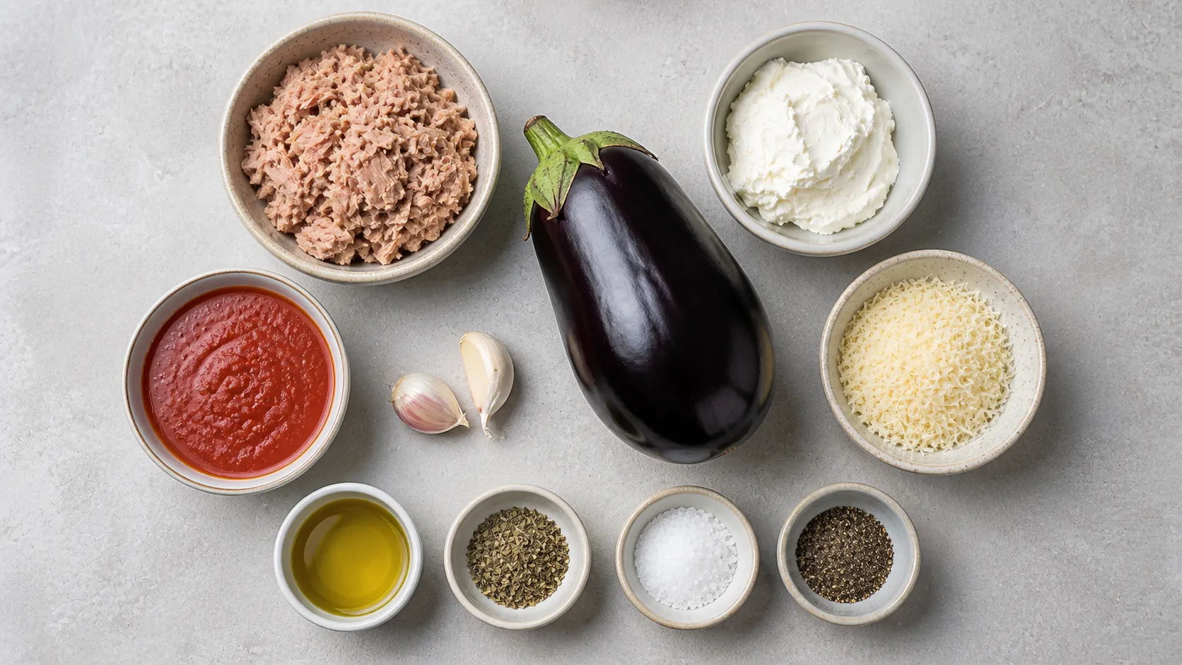 Ingredients for Keto Tuna Eggplant Casserole with Parmesan: 55 g Protein in 35 Minutes: 2 cans tuna in water (185 g each, drained approx. 270 g), 1 large eggplant (approx. 300 g), 150 g cream cheese (full-fat), 100 ml tomato passata, 40 g Parmesan (grated), 2 garlic cloves
