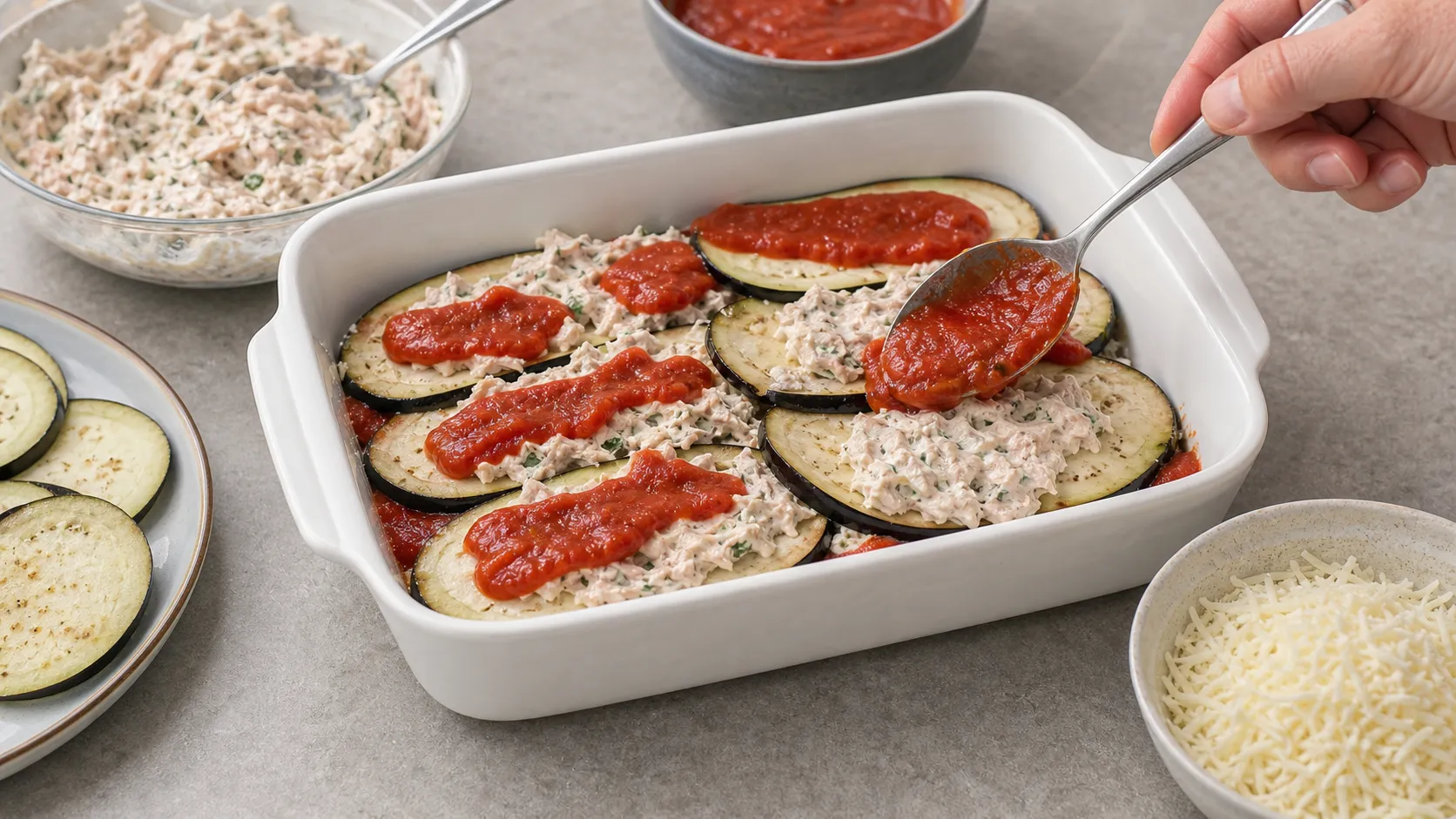 Preparation step for Keto Tuna Eggplant Casserole with Parmesan: 55 g Protein in 35 Minutes: Cut the eggplant (300 g) into slices approx. 5 mm thick, lightly salt the slices on both sides and let them sit for 10 minutes. Pat dry with kitchen paper.