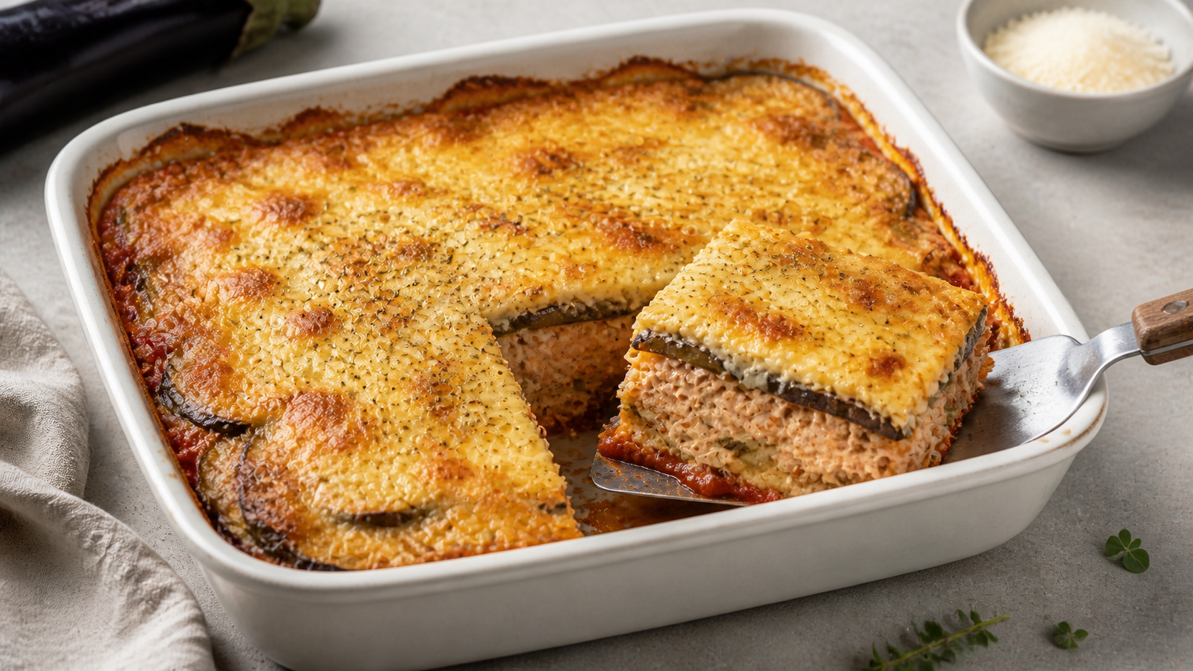 Keto tuna eggplant casserole with a golden-brown Parmesan crust fresh from the oven