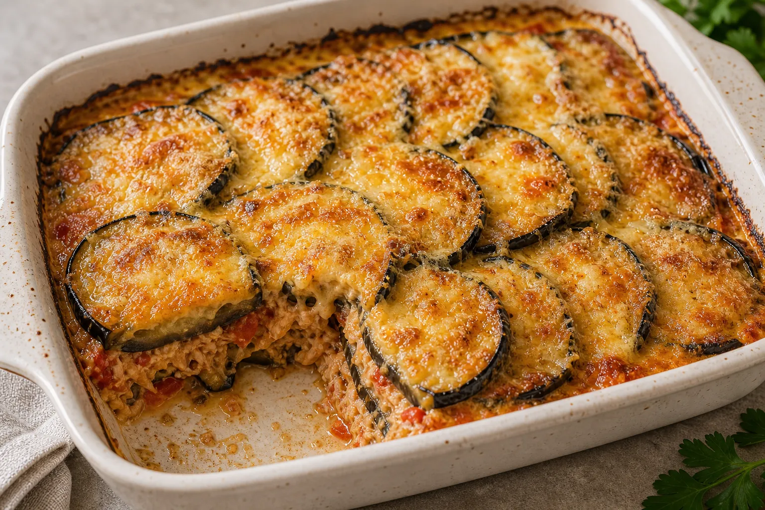 Keto tuna eggplant casserole with a golden-brown Parmesan crust fresh from the oven