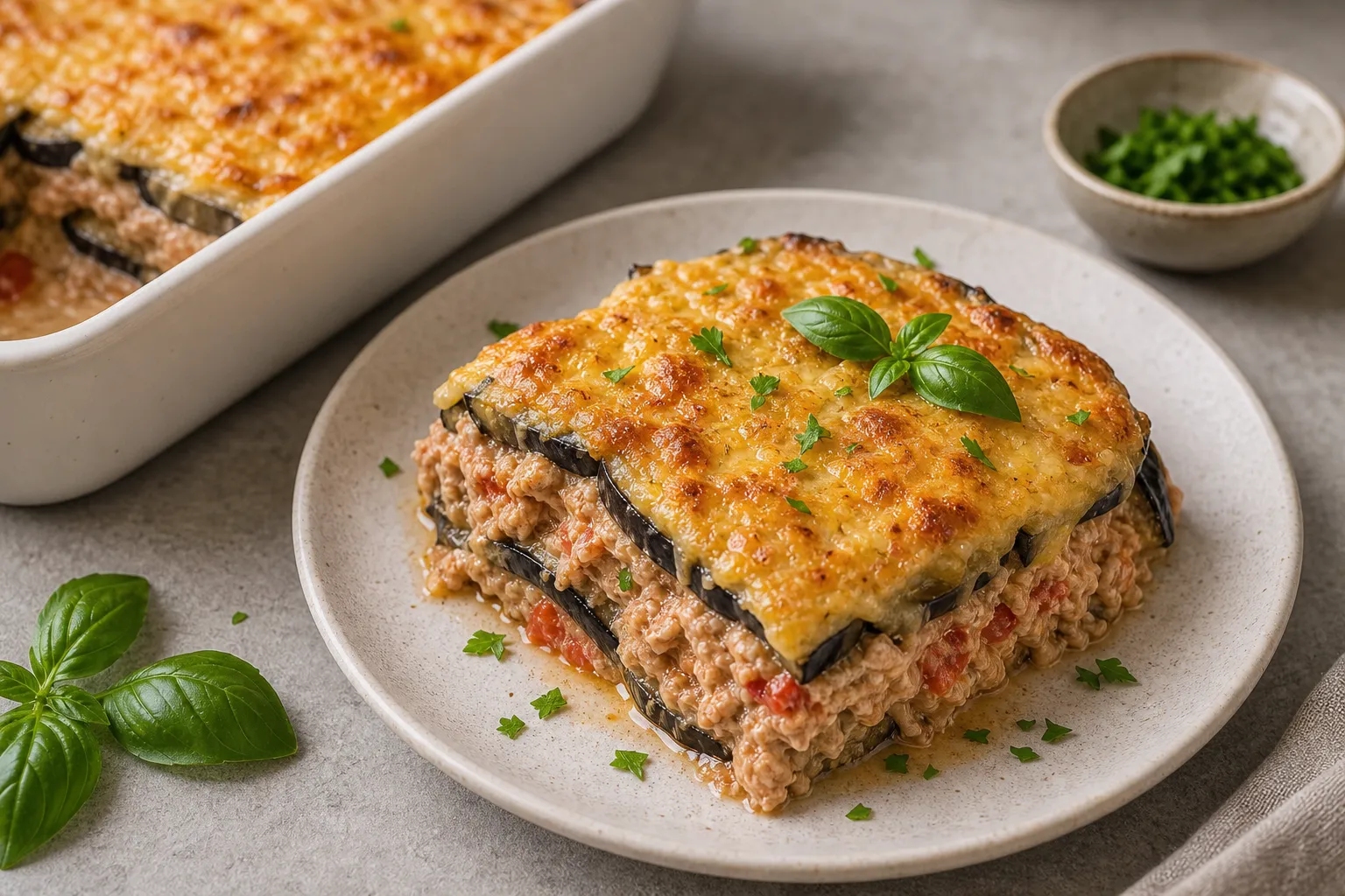 Finished keto tuna casserole with a crispy Parmesan crust, portioned on a plate
