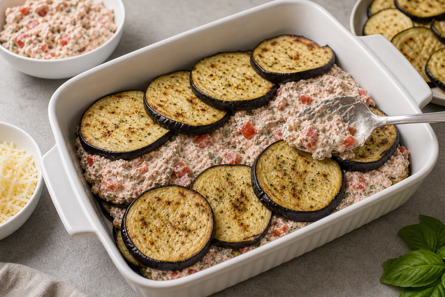 Layering eggplant slices in a baking dish and topping with the tuna and cream cheese mixture