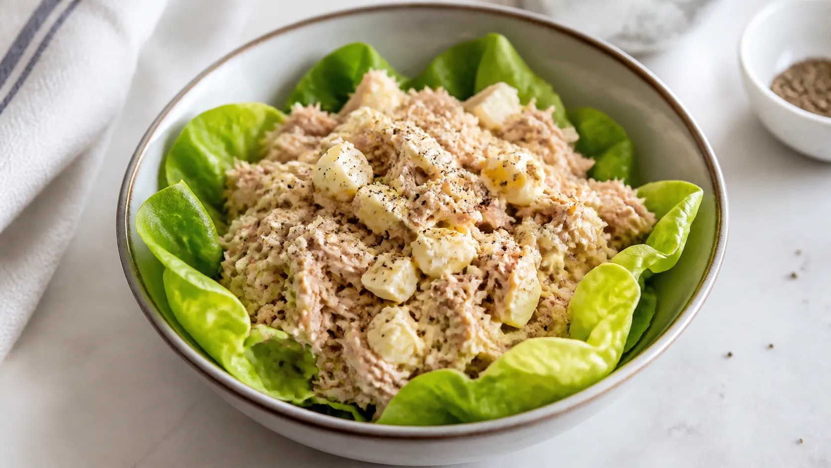 Keto tuna egg salad in a bowl with mayo, mustard and pepper