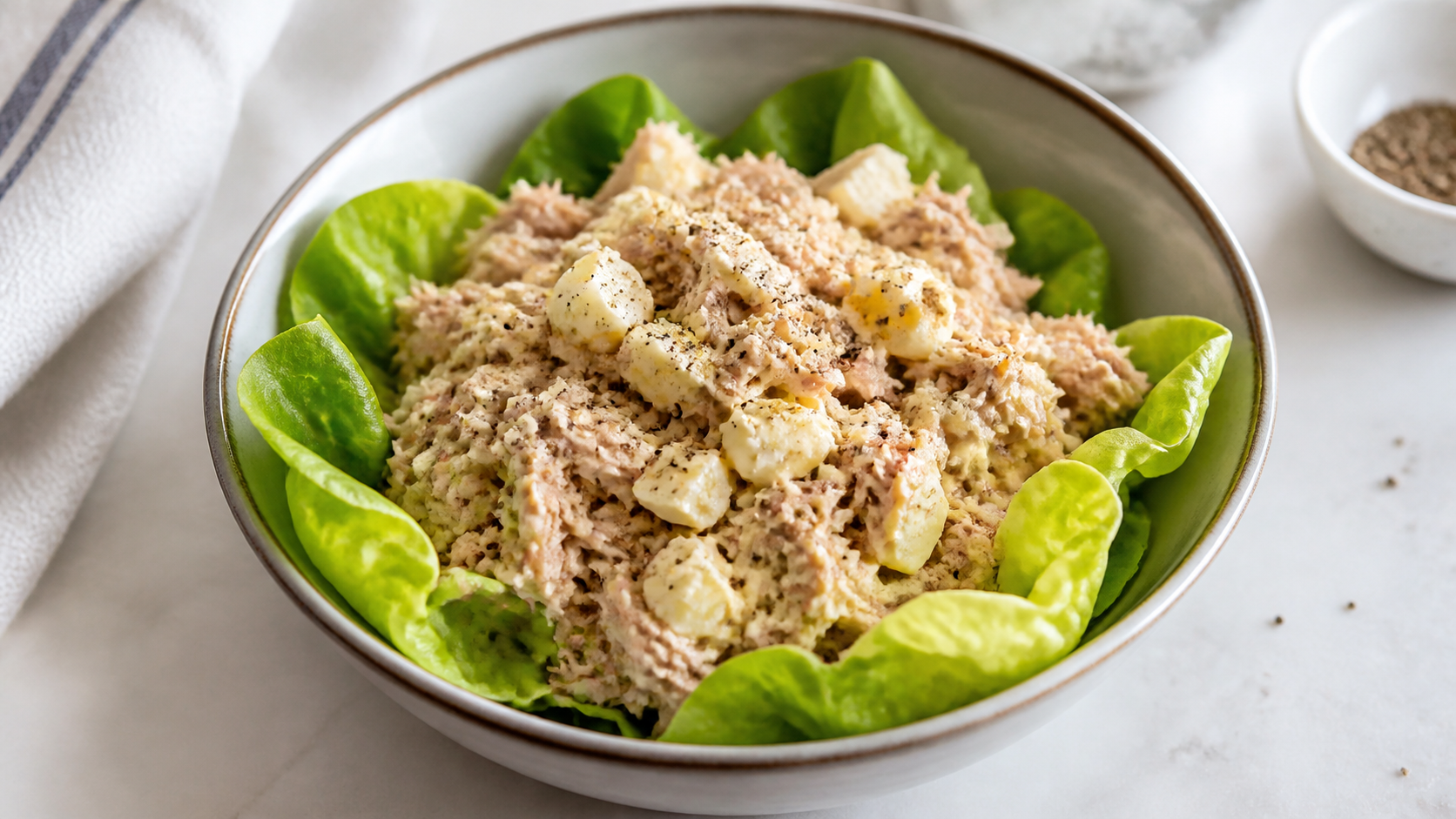 Keto tuna egg salad in a bowl with mayo, mustard and pepper
