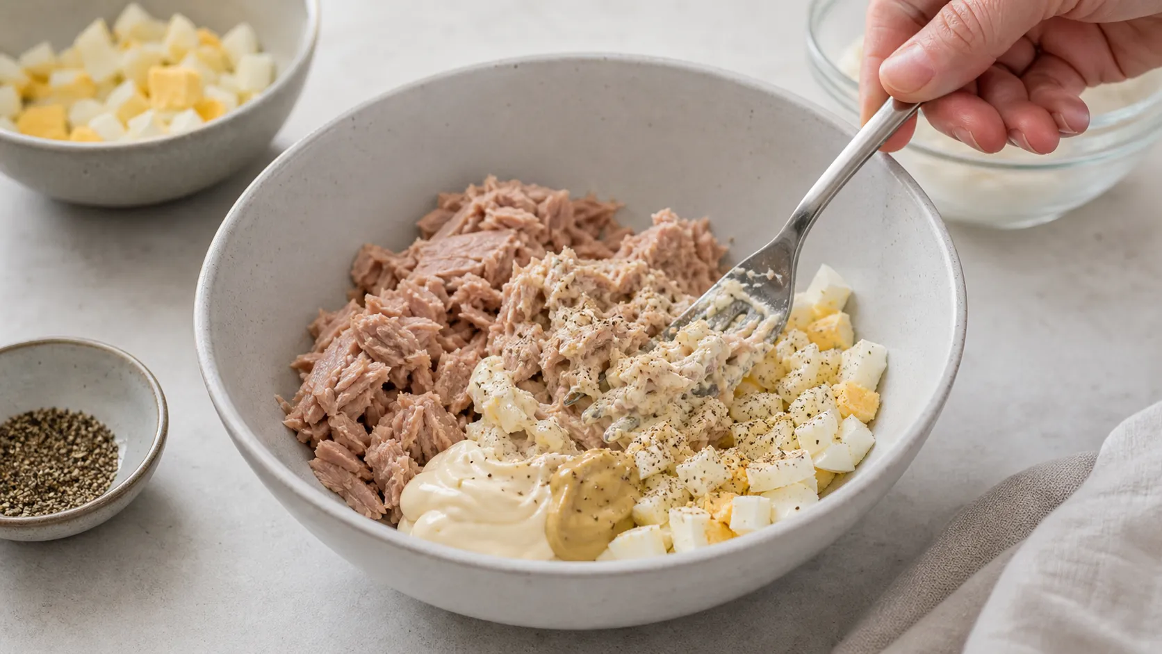 Tuna being mixed with chopped egg and mayo