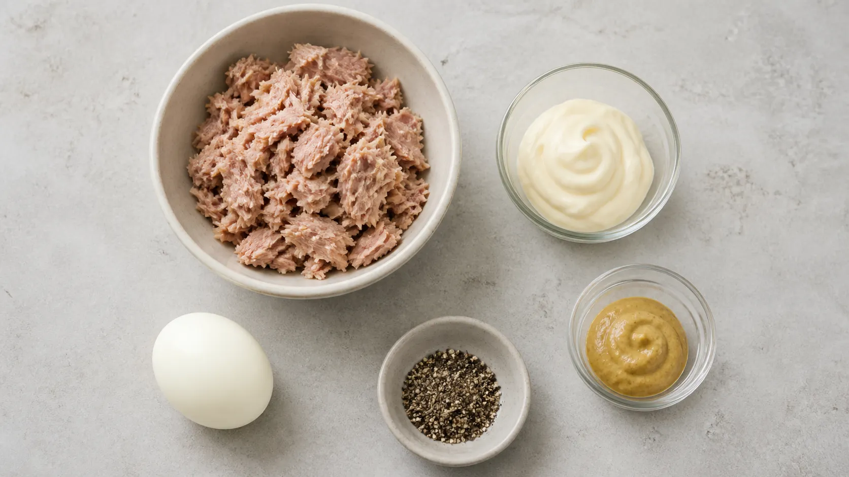 Ingredients for keto tuna egg salad: canned tuna, egg, mayo, mustard