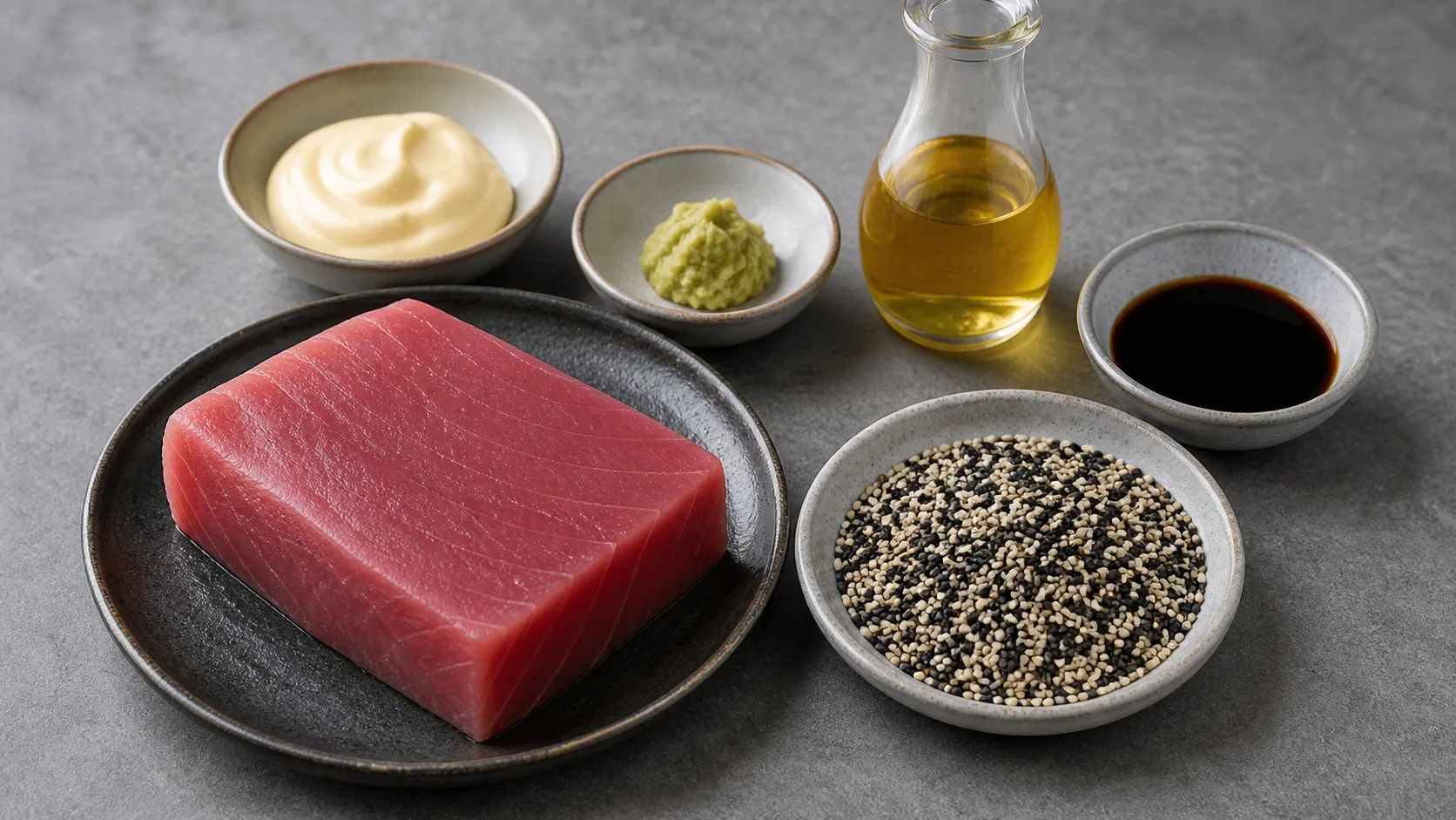 Ingredients for keto tuna steak: fresh tuna steak, black and white sesame seeds, sesame oil, mayonnaise, wasabi paste and soy sauce