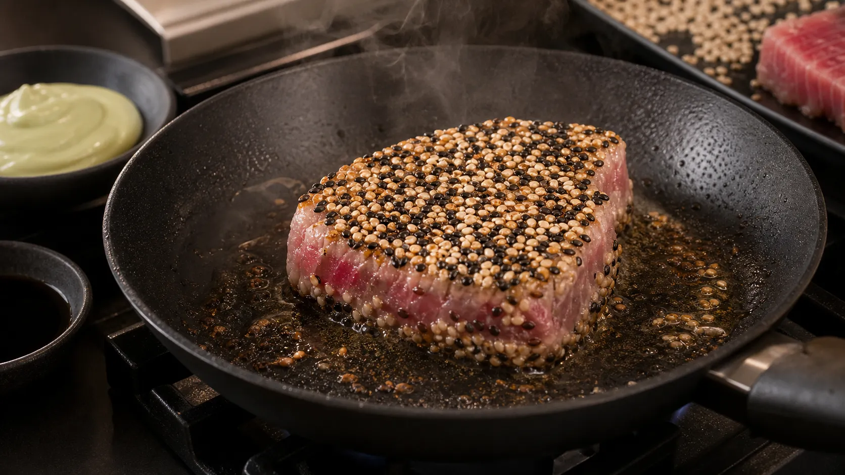 Tuna steak being rolled in sesame seeds and then seared in a hot pan