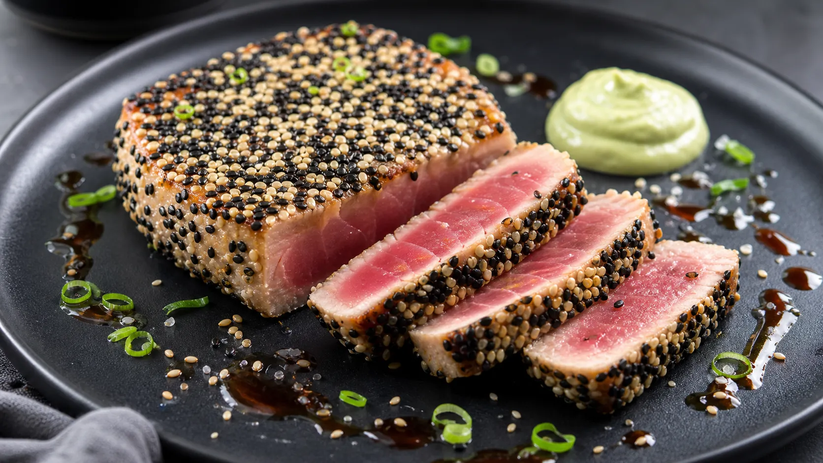 Keto tuna steak with sesame crust, sliced on a dark plate, served with wasabi mayo and soy sauce
