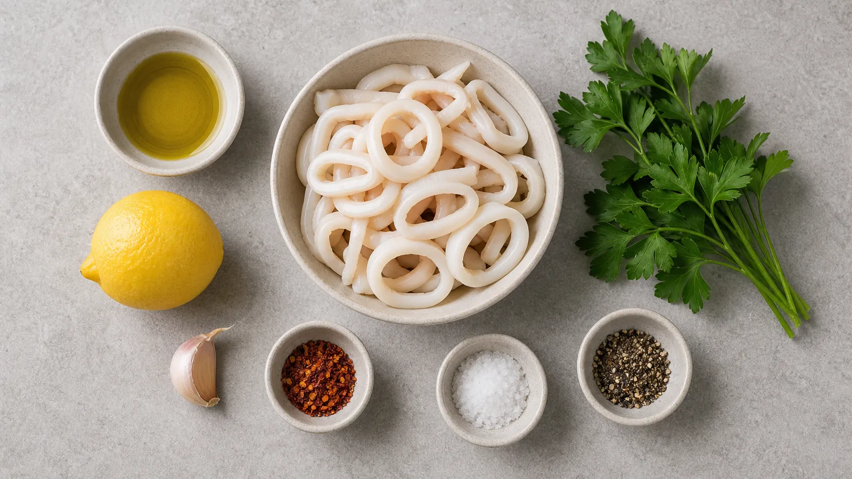 Ingredients for keto squid salad with calamari rings, olive oil, lemon, garlic, parsley and chili flakes