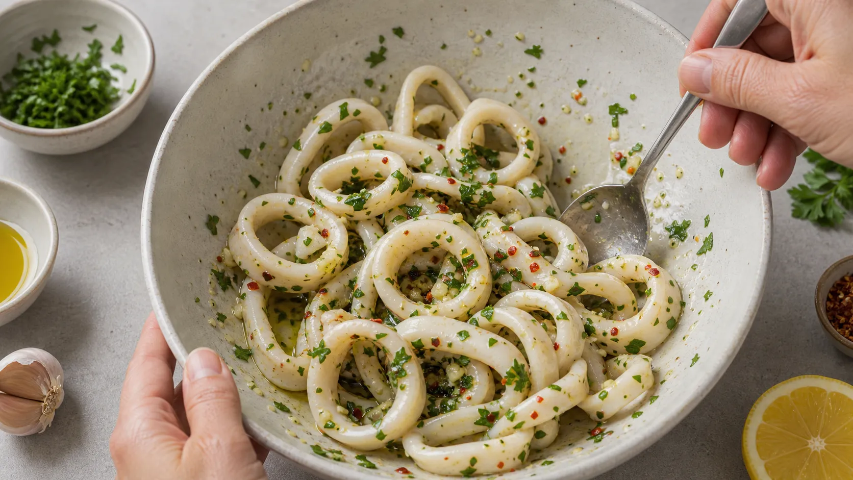 Calamari rings tossed with olive oil, lemon, garlic and parsley for squid salad