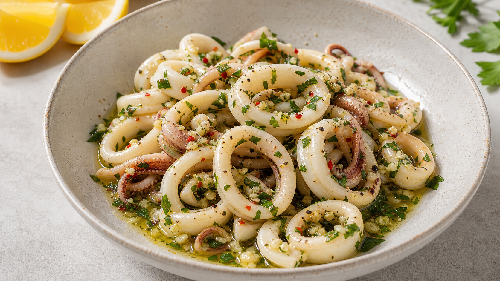 Keto Italian squid salad with calamari rings, olive oil, lemon, garlic and parsley