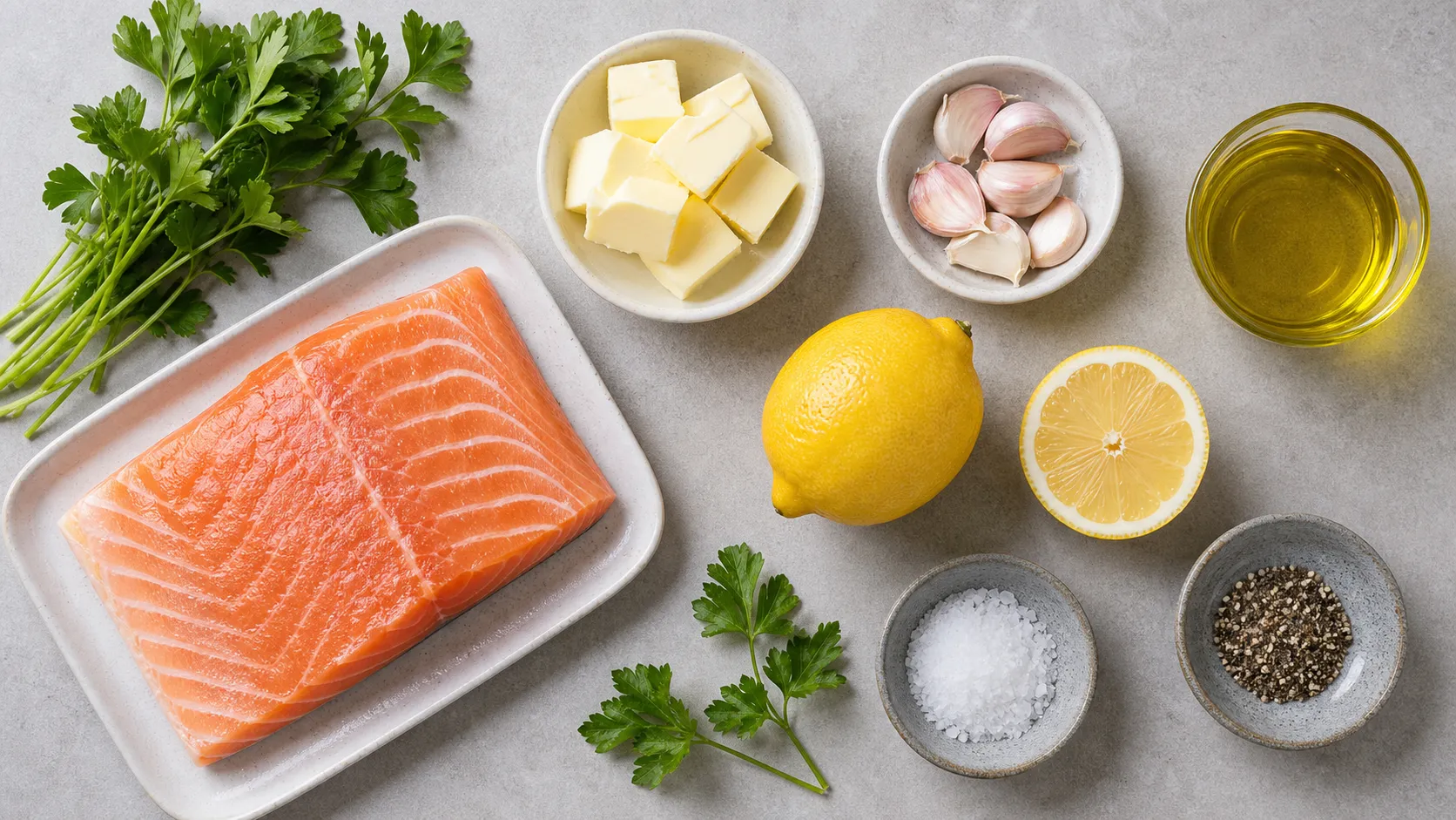 Ingredients for keto frozen salmon from the oven: salmon filet, butter, garlic, parsley, lemon and olive oil