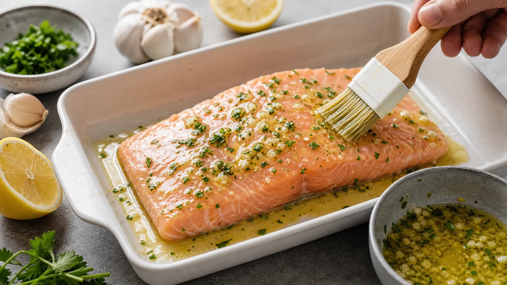 Salmon filet in a baking dish being brushed with melted garlic butter for keto frozen salmon