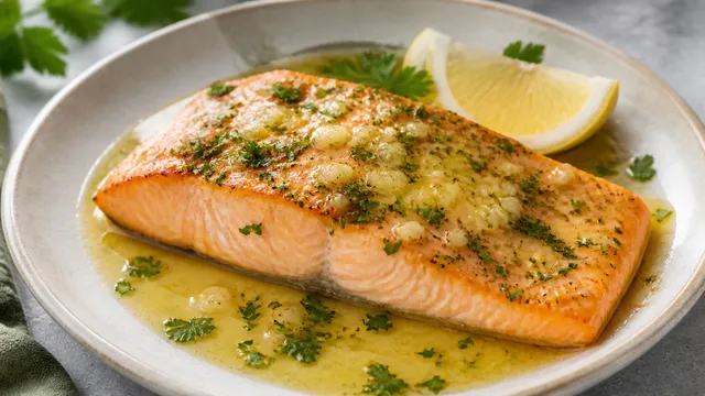 Keto frozen salmon baked in the oven with melted garlic butter, parsley and lemon