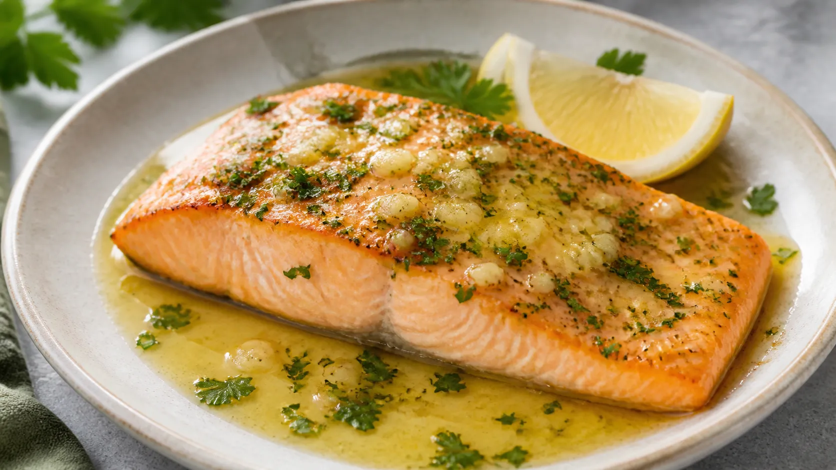 Keto frozen salmon baked in the oven with melted garlic butter, parsley and lemon