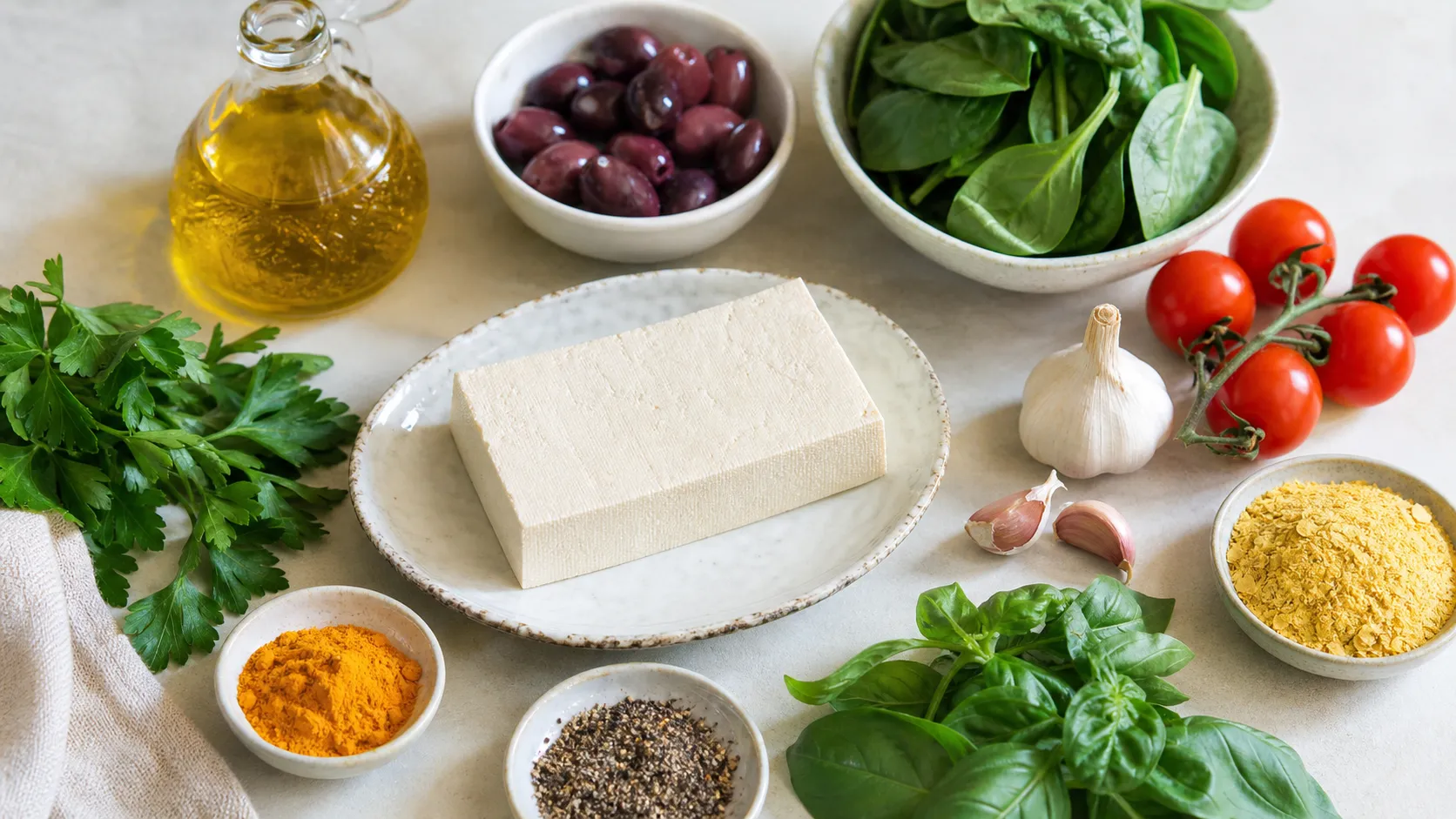 Ingredients for keto Mediterranean tofu scramble: firm tofu, olive oil, Kalamata olives, cherry tomatoes, fresh spinach, turmeric, nutritional yeast and garlic