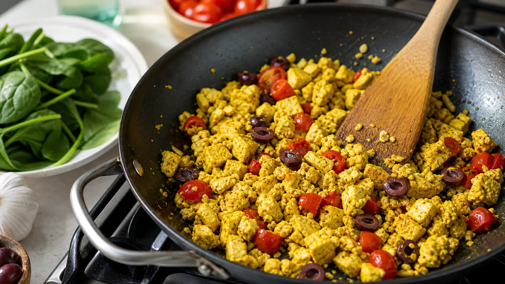 Crumbled tofu sauteed in olive oil with turmeric until golden in a skillet