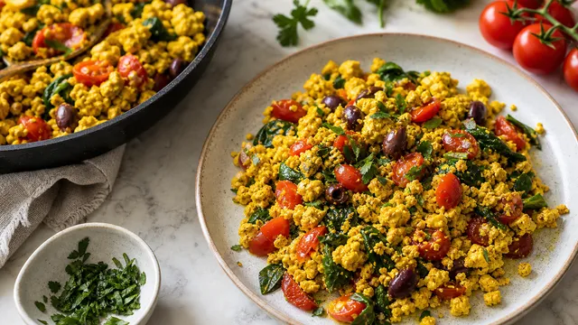 Keto Mediterranean tofu scramble with golden crumbled tofu, Kalamata olives, halved cherry tomatoes and fresh spinach in a black skillet