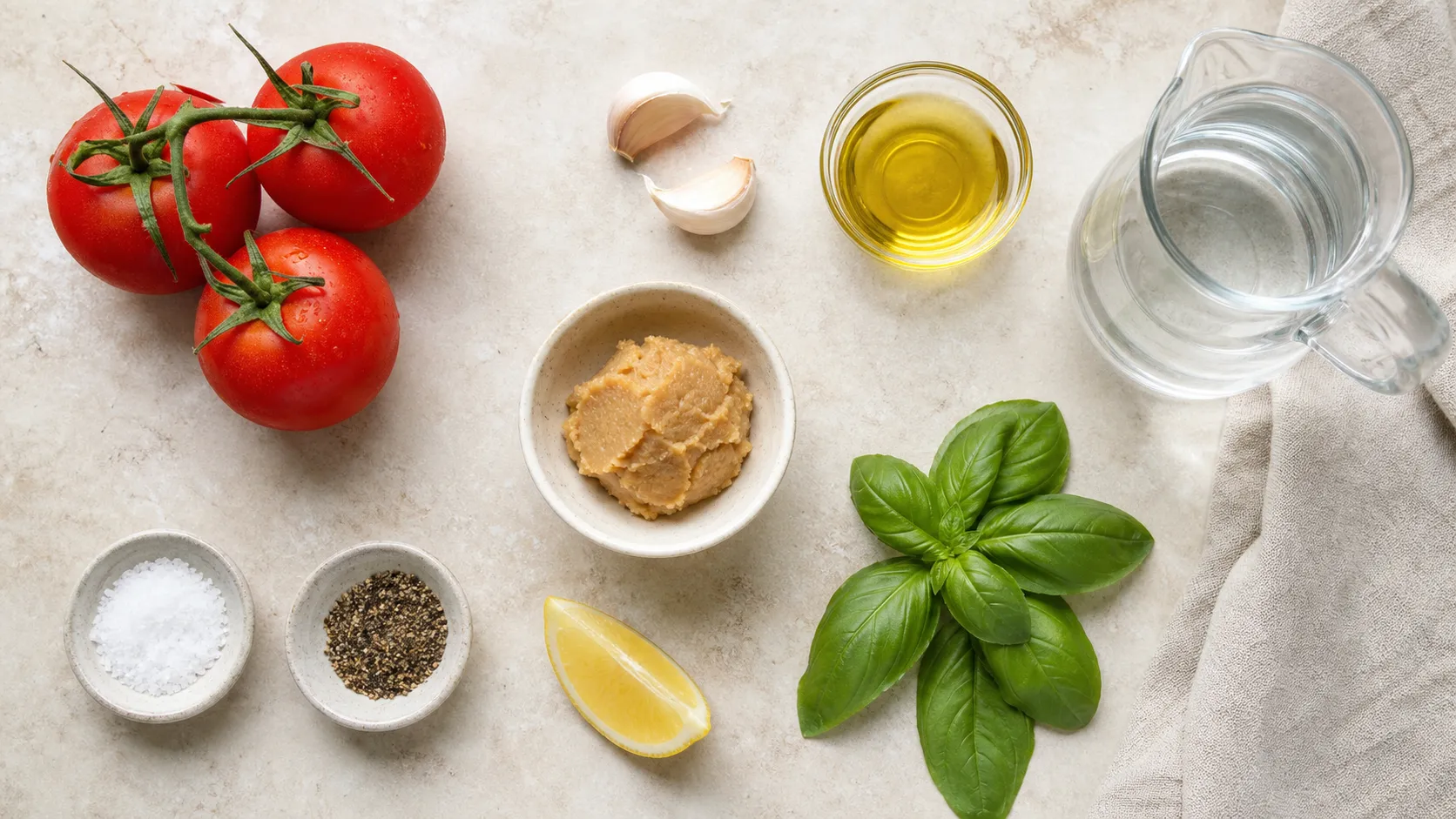Ingredients for Keto Tomato Miso Broth with Olive Oil and Basil: 350 g ripe tomatoes, 2 garlic cloves, 45 ml olive oil, 1 tbsp white miso paste, 700 ml hot water, 8 basil leaves