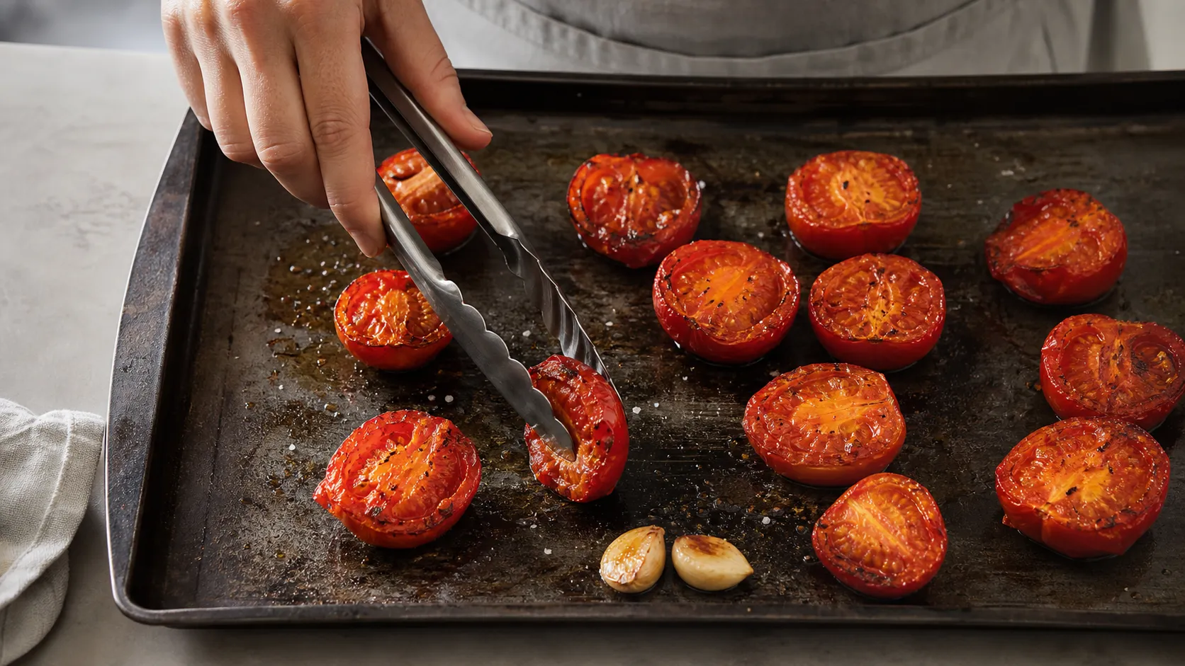 Preparation step for Keto Tomato Miso Broth with Olive Oil and Basil: Halve the tomatoes and place on a baking sheet with the garlic, 2 tbsp olive oil, a little salt and pepper.