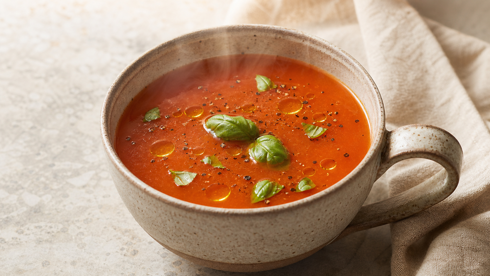 Keto tomato miso broth with olive oil, basil and a gentle wisp of steam in a cup