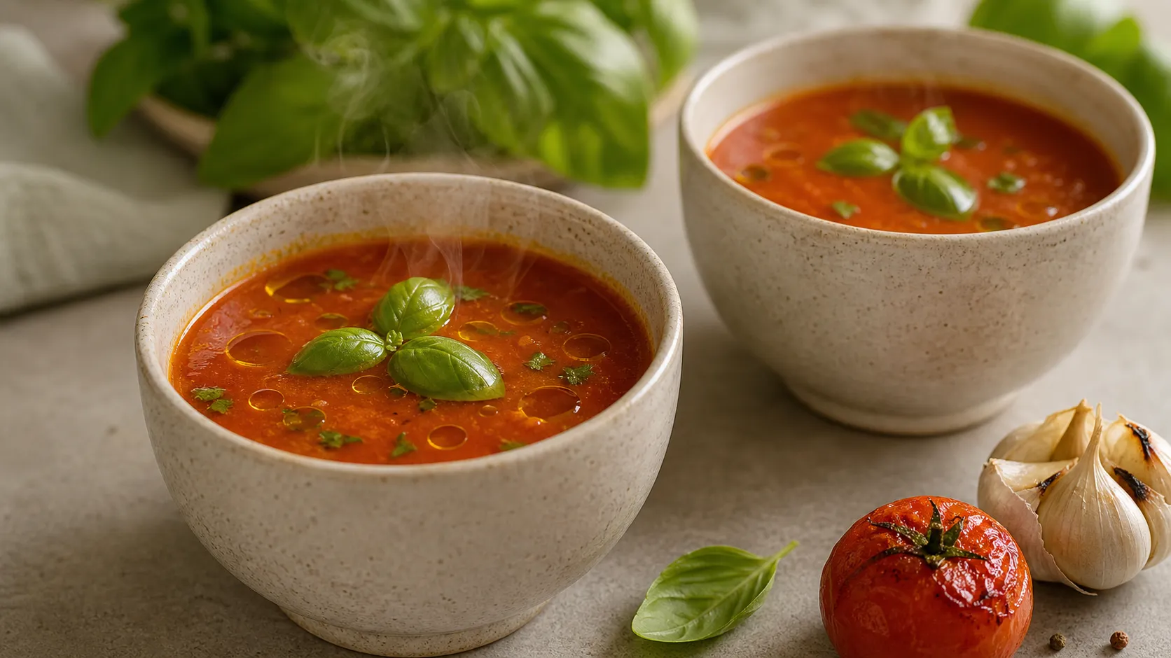 Keto tomato miso broth with olive oil, basil and a gentle wisp of steam in a cup