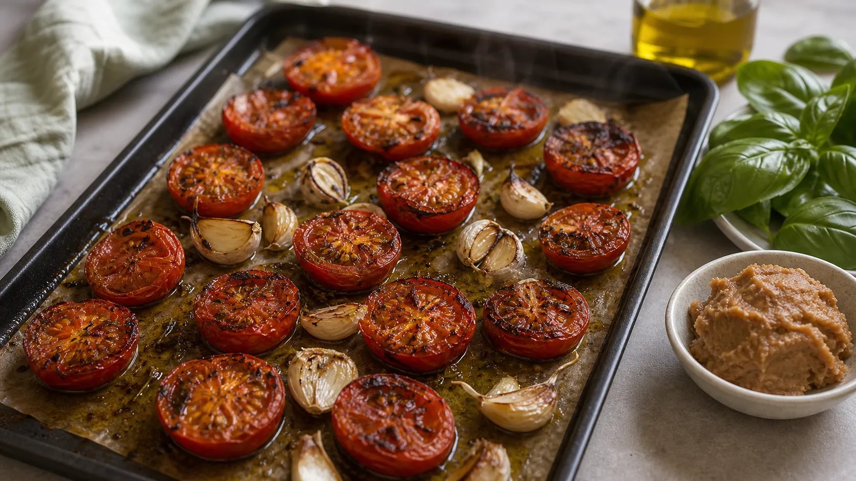 Halved tomatoes and garlic roasting with olive oil on a baking sheet