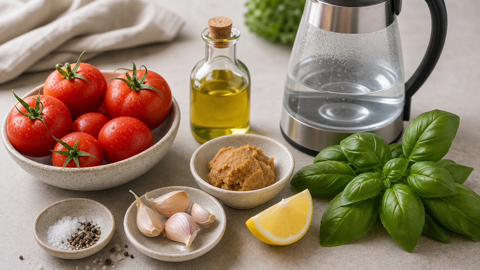 Tomatoes, garlic, olive oil, white miso paste, basil, lemon, salt and pepper for keto broth