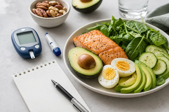 Blood glucose meter, diabetes research card, and keto foods on a clinical table