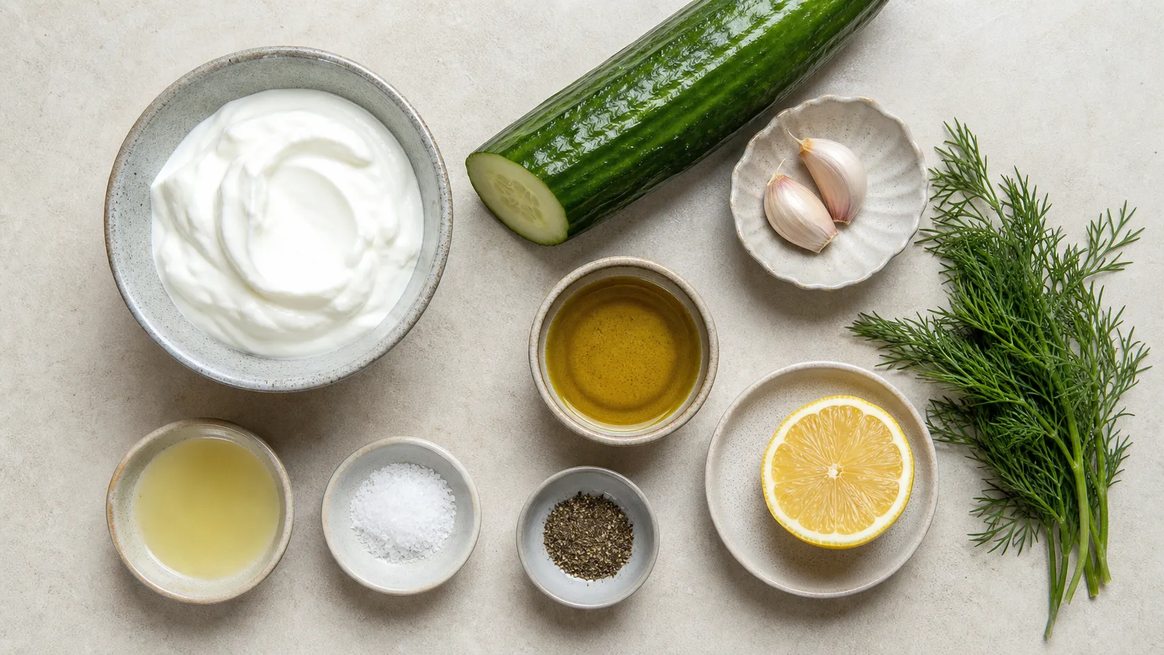 Ingredients for keto tzatziki: Greek yogurt, cucumber, garlic, dill, olive oil and lemon