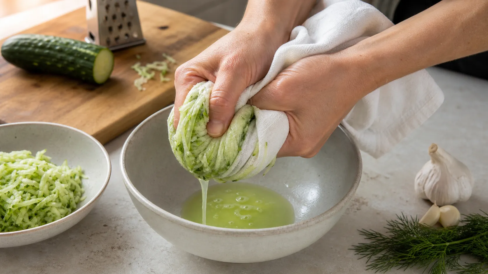 Grated cucumber being squeezed hard in a cloth