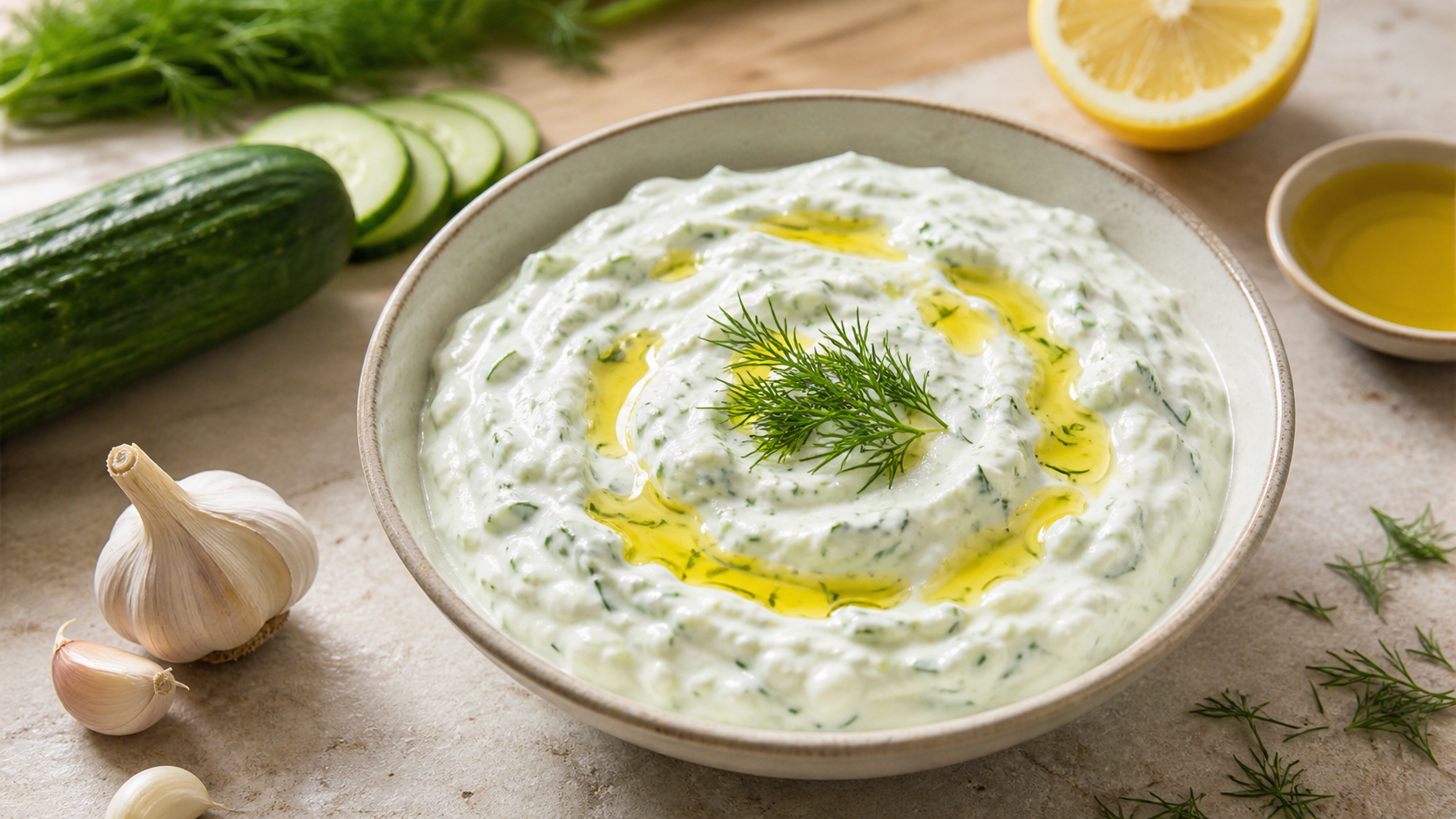 Keto tzatziki with cucumber, garlic and dill in a bowl with olive oil