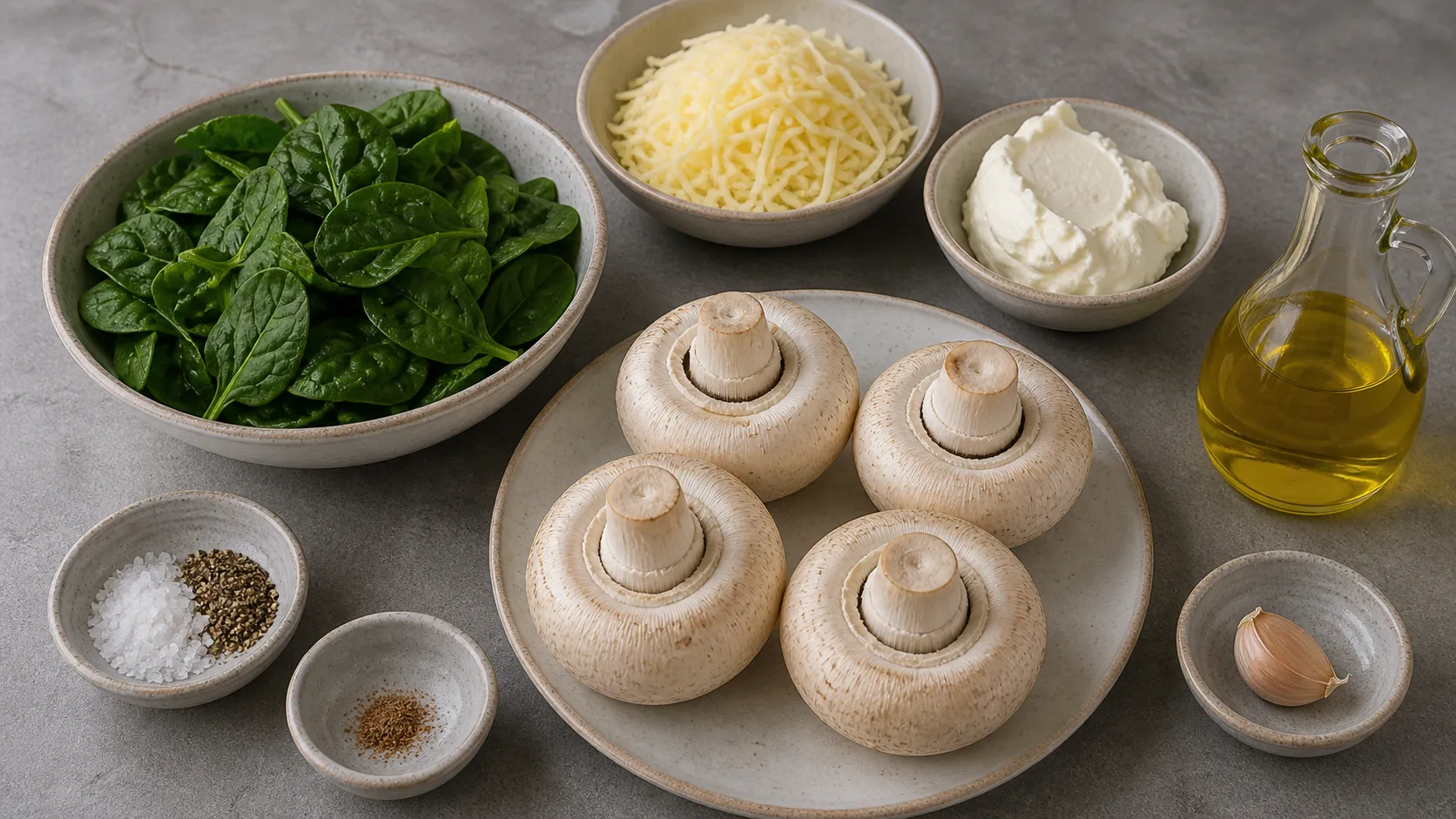 Ingredients for baked keto mushrooms: large white mushrooms, baby spinach, Gouda, cream cheese, garlic and olive oil