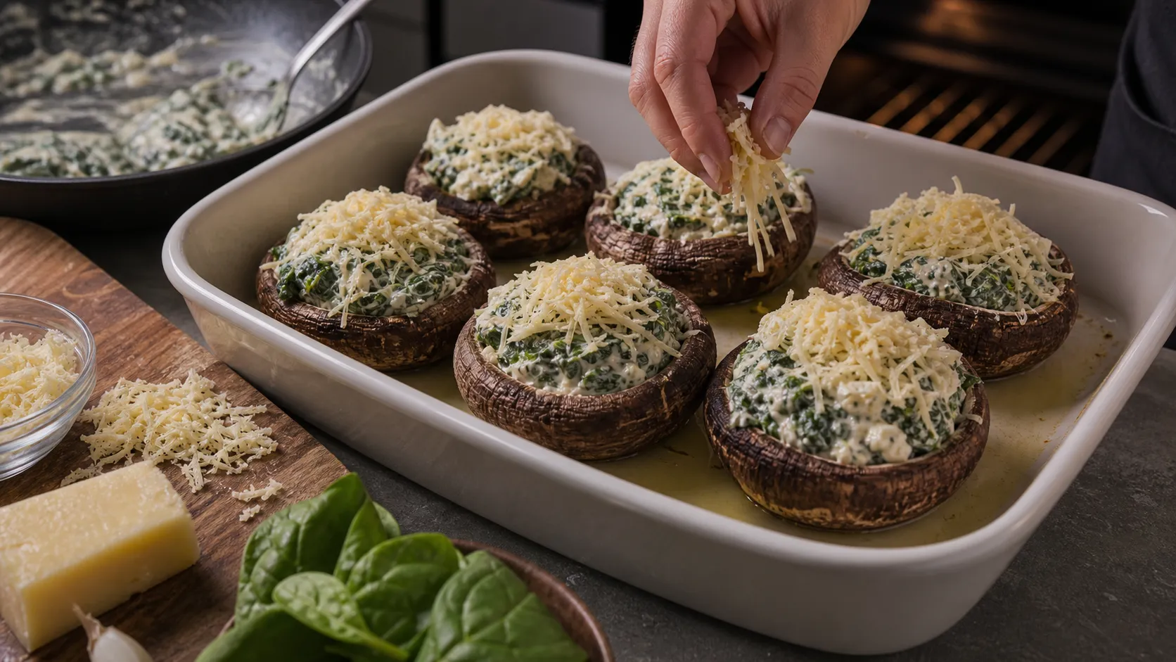 Mushrooms with spinach and cheese filling on a baking sheet before baking