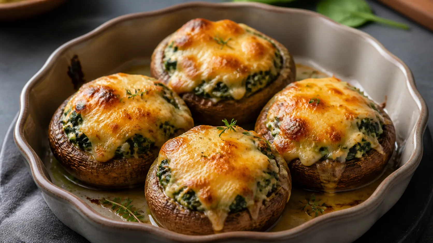 Keto baked mushrooms with spinach and cheese filling on a plate, gratinated golden brown