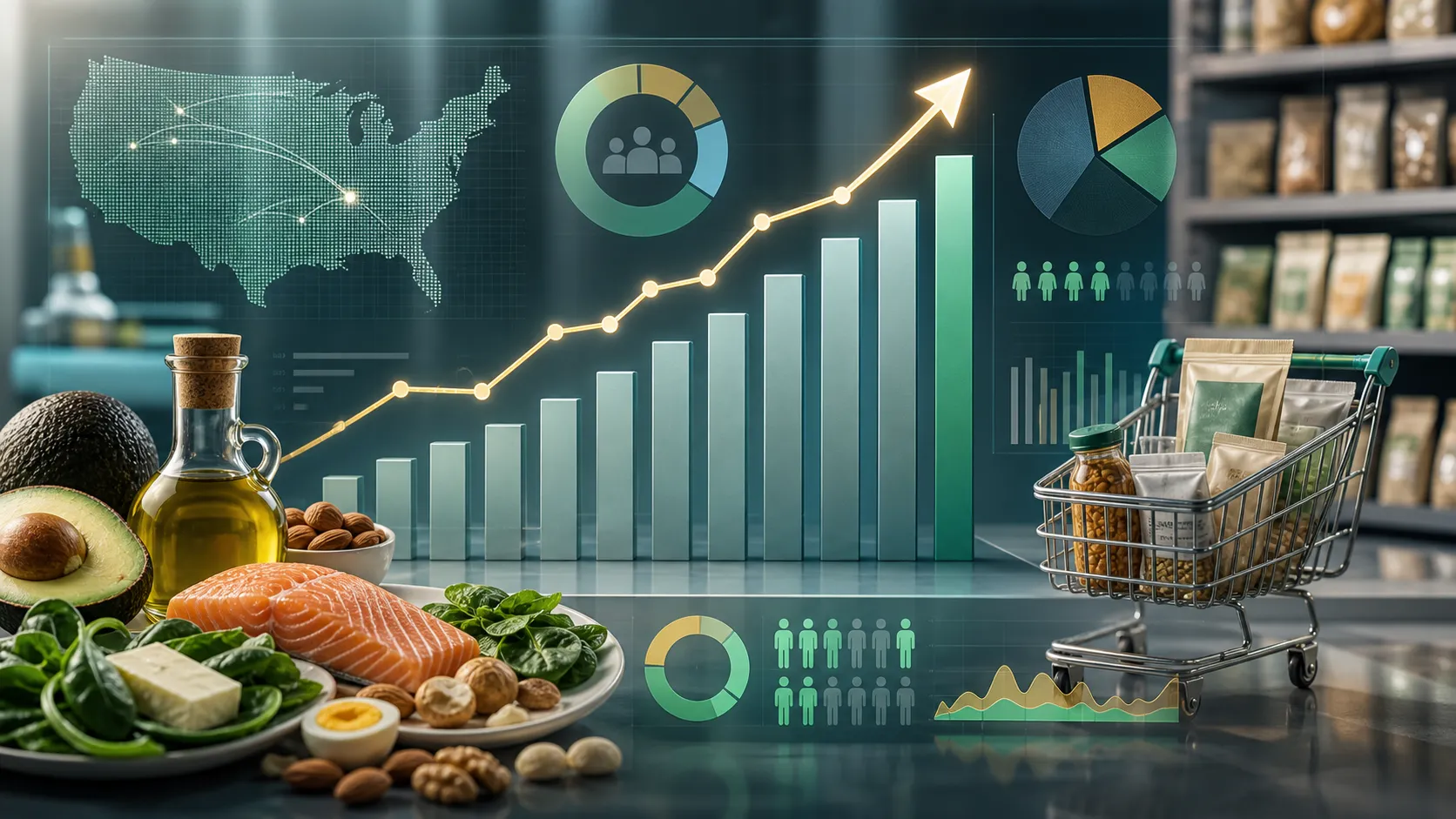 Data visualization of keto market development with abstract statistics and low-carb foods