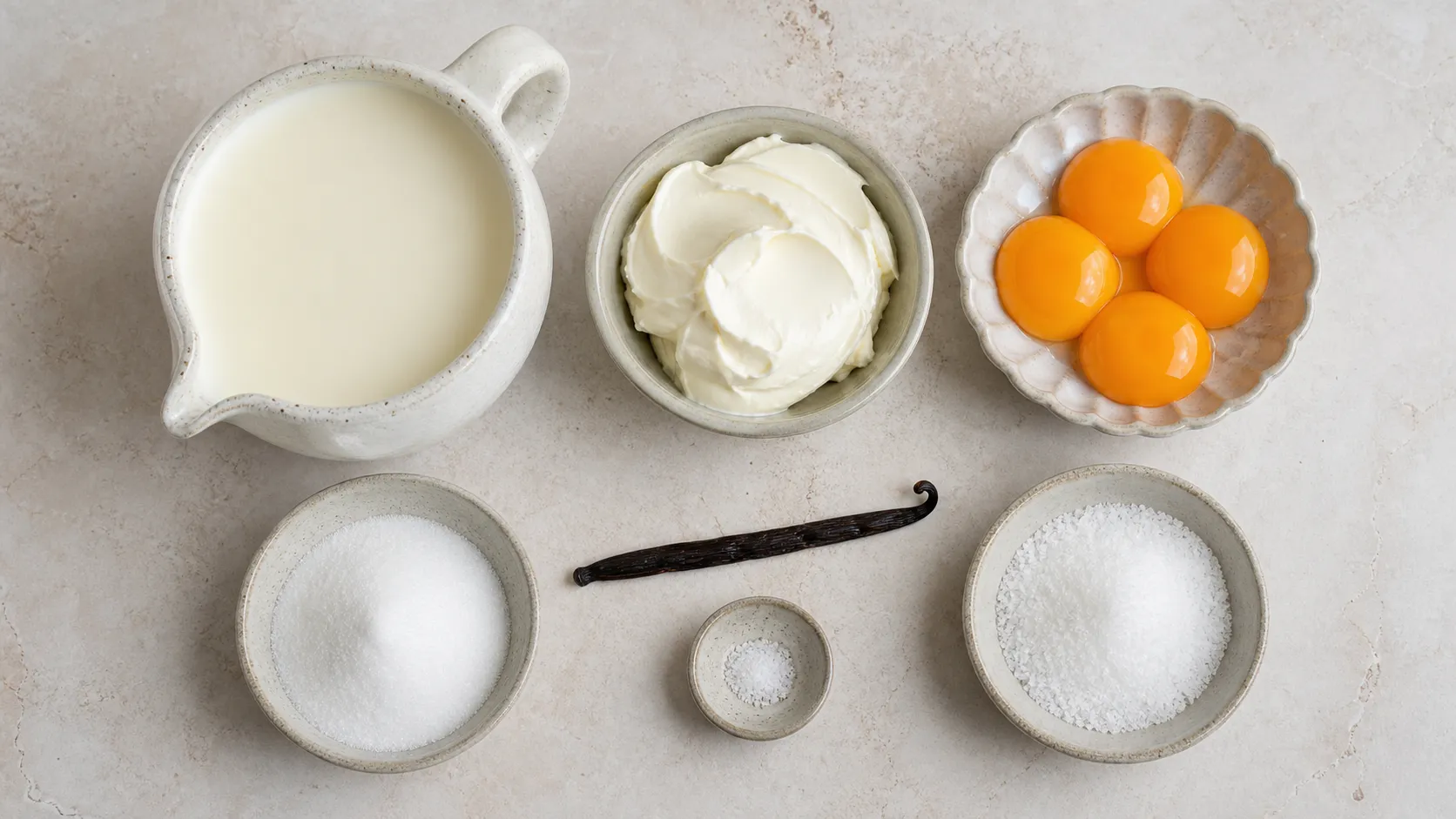 Ingredients for keto vanilla ice cream: cream, mascarpone, egg yolks, vanilla pod, erythritol and allulose
