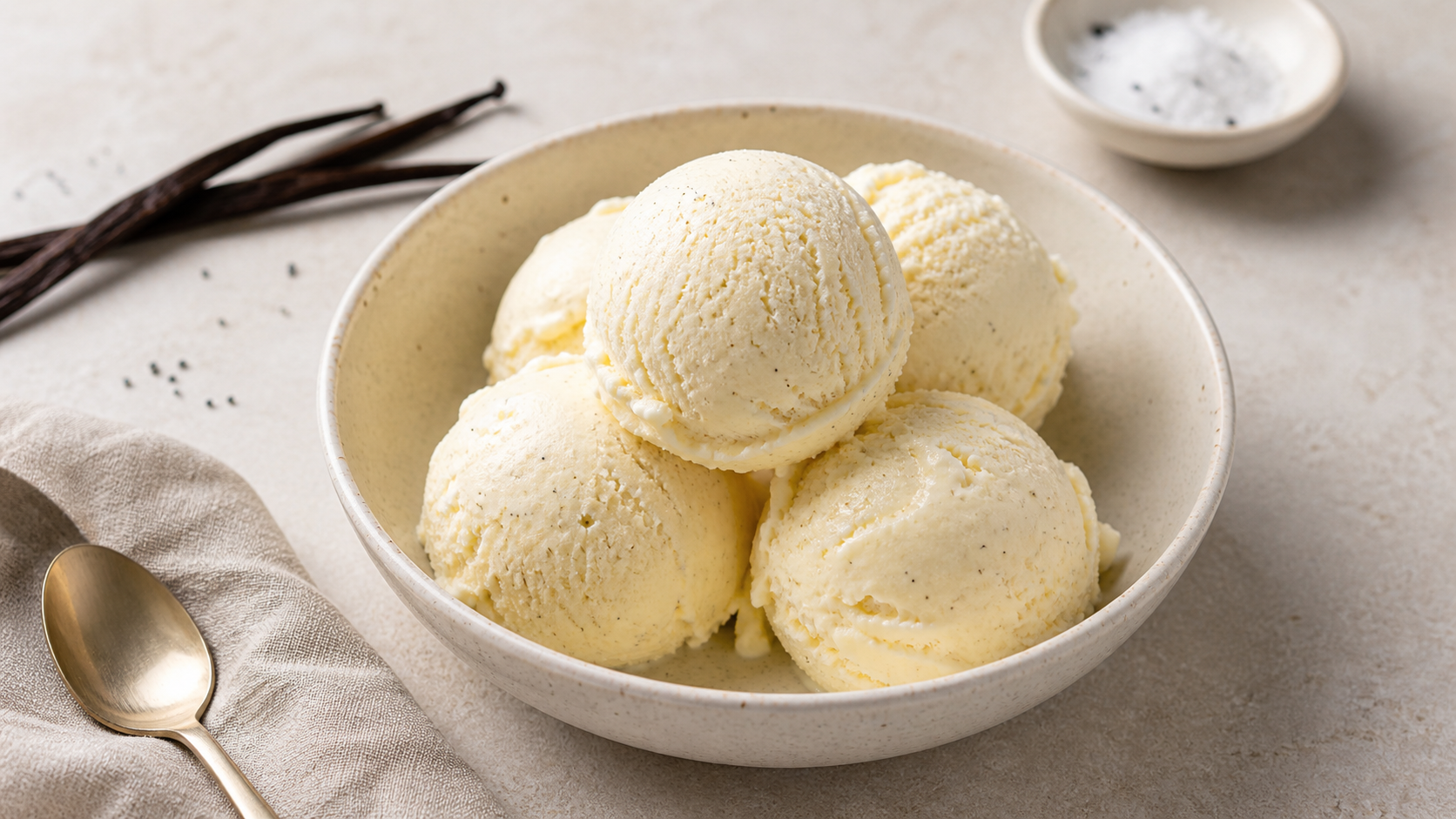 Scoops of keto vanilla ice cream in a bowl with visible vanilla specks