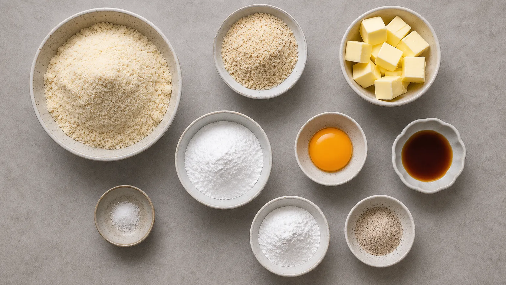 Ingredients for keto Vanillekipferl with almond flour, ground almonds, butter and vanilla