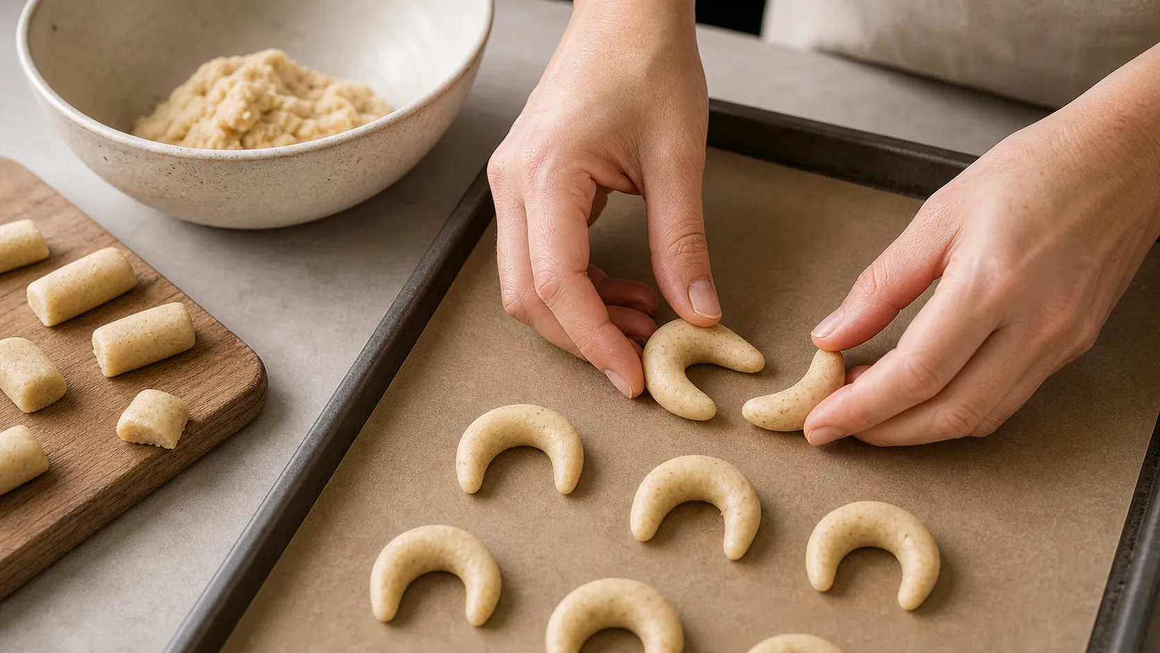 Almond flour dough being shaped into small Vanillekipferl crescents