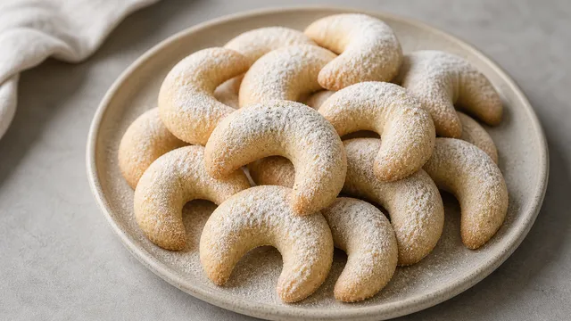 Keto Vanillekipferl made with almond flour, dusted with vanilla erythritol powder