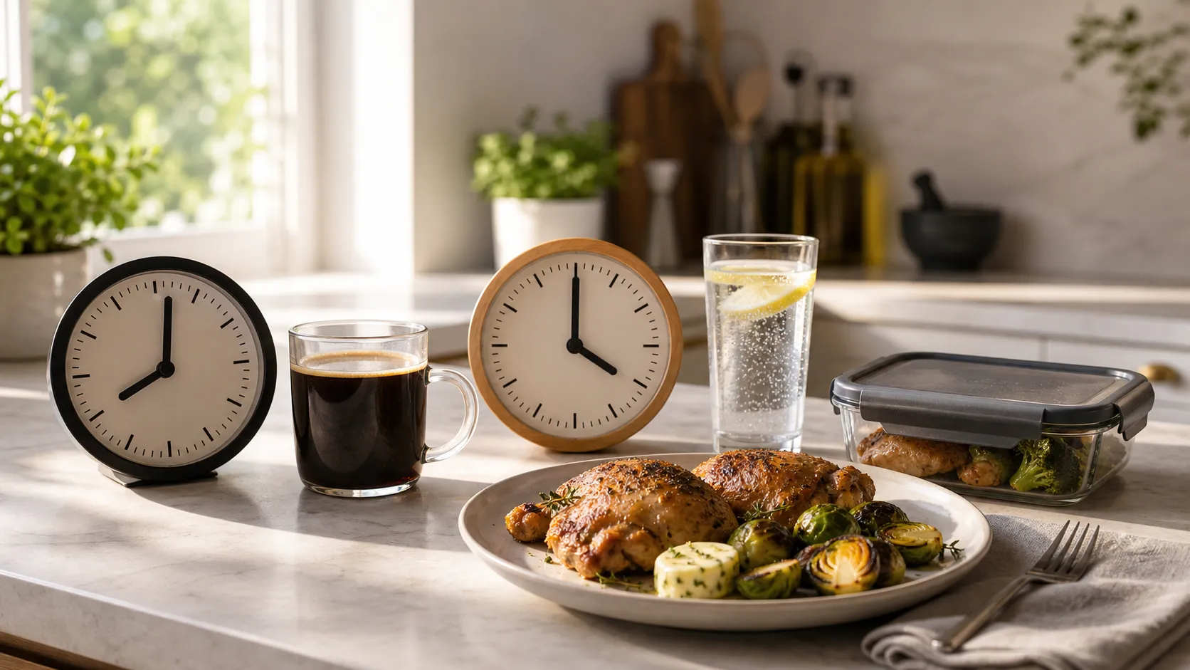Kitchen counter with analog clocks, black coffee, water and a low-carb meal with chicken thighs and Brussels sprouts