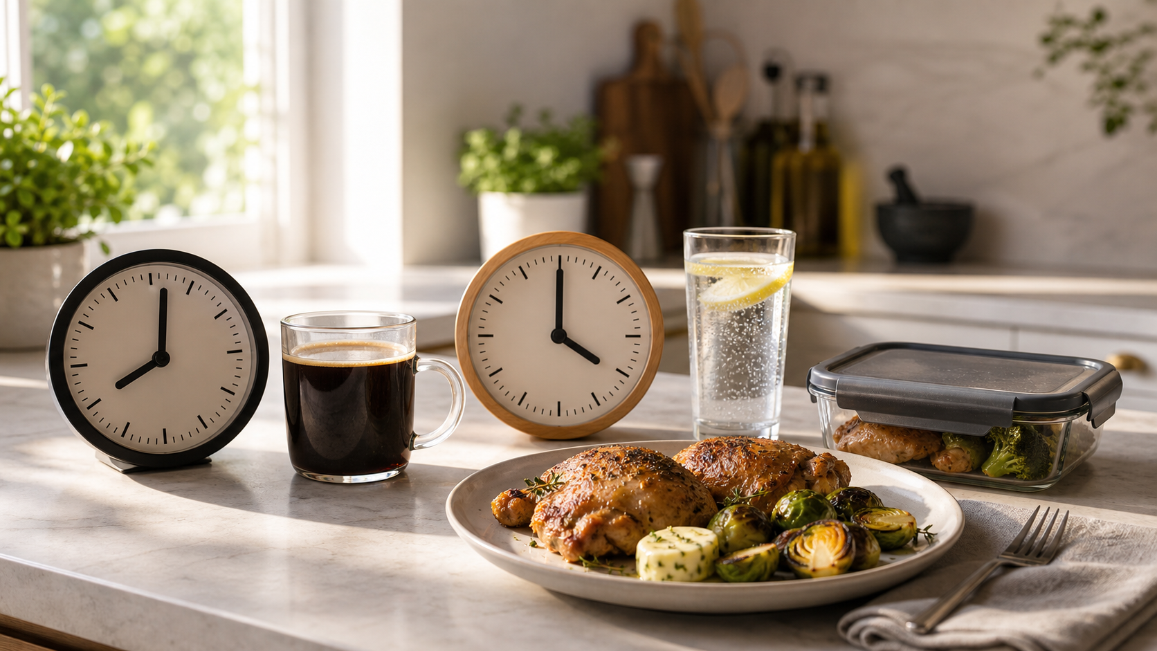 Kitchen counter with analog clocks, black coffee, water and a low-carb meal with chicken thighs and Brussels sprouts