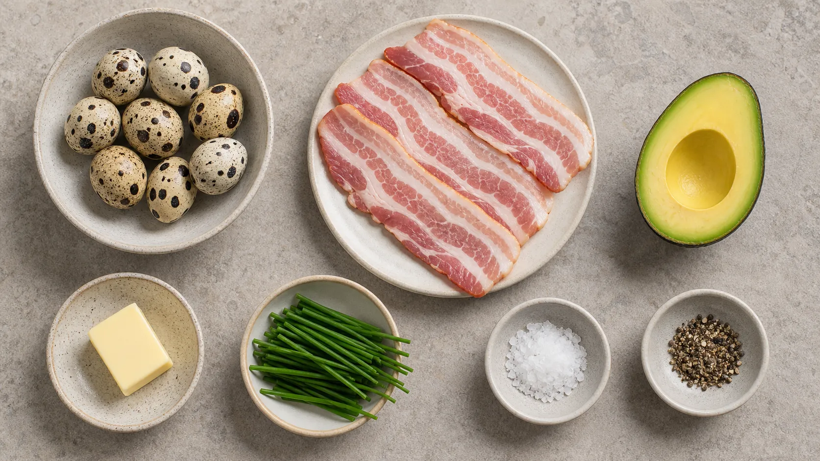 Ingredients for keto quail egg breakfast: quail eggs, bacon, avocado, butter, chives, salt and pepper
