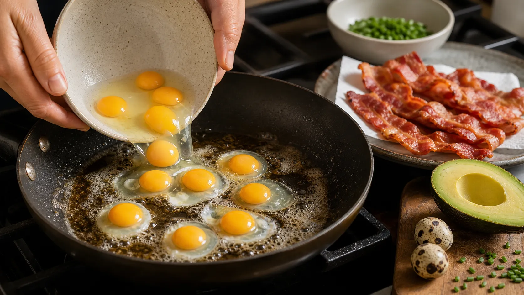 Quail eggs are added to a buttered pan with bacon fat and fried into small sunny-side-up eggs