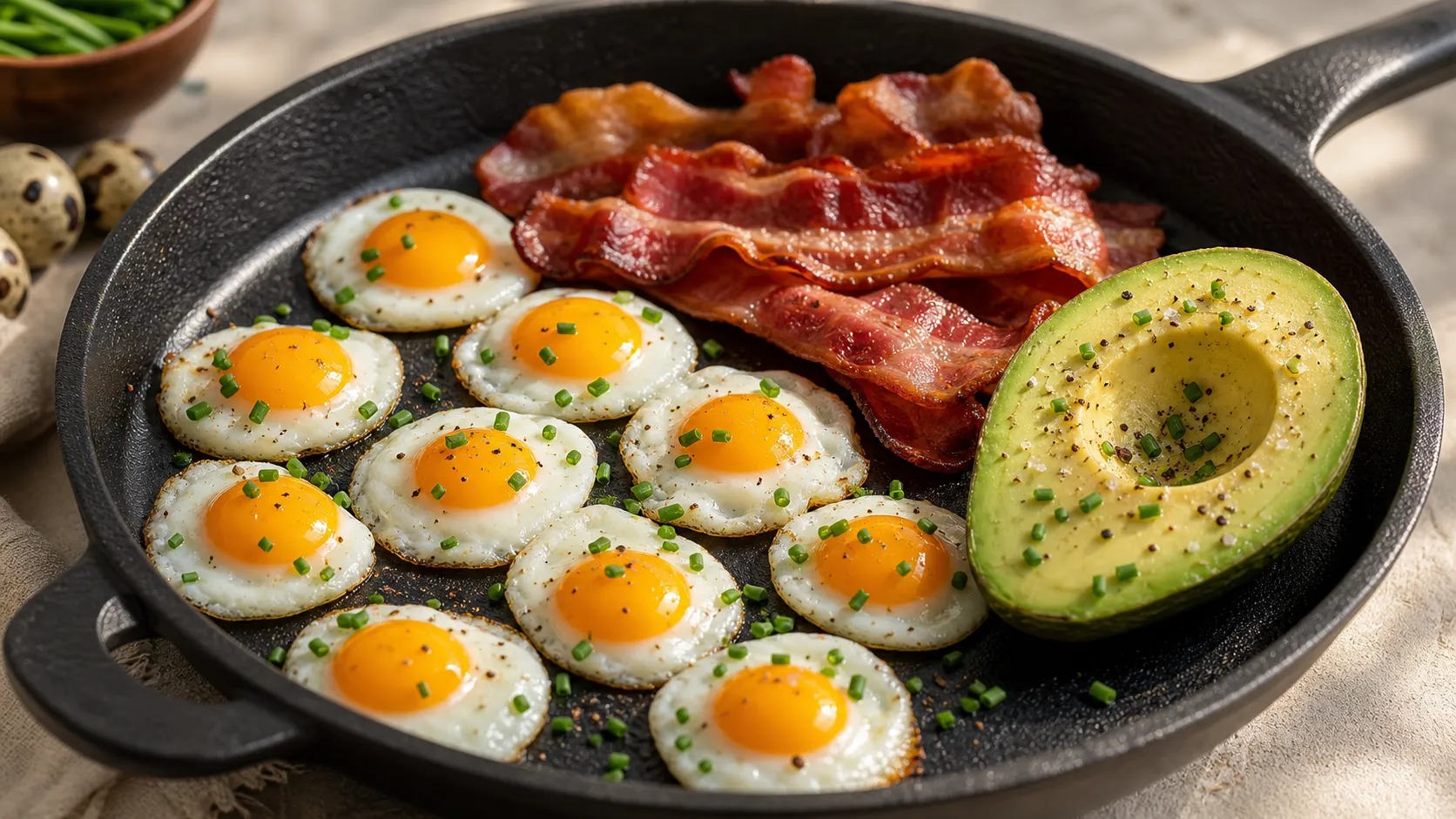 Keto breakfast with quail eggs, crispy bacon, avocado and chives