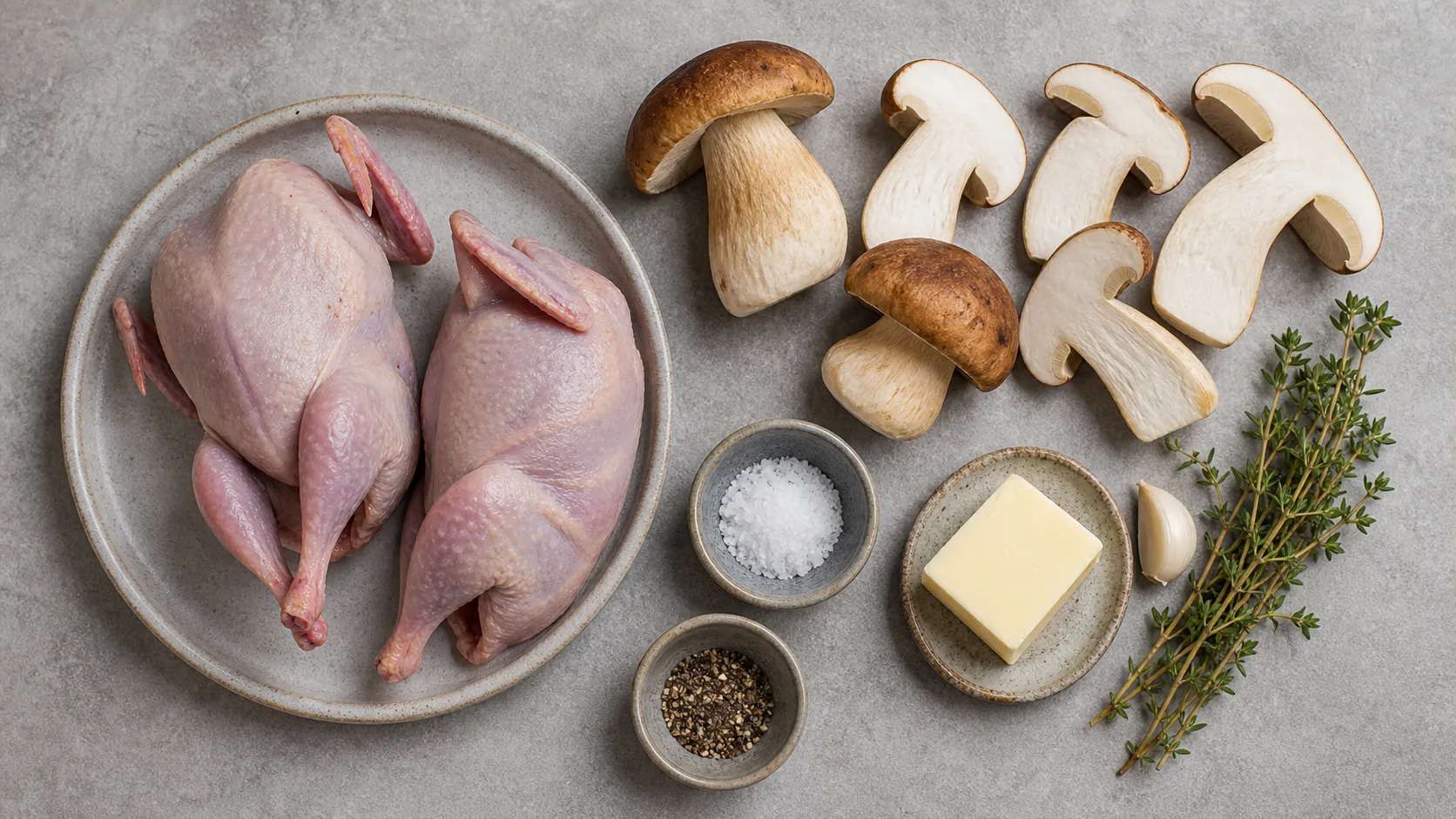 Ingredients for keto quail: two quail, fresh porcini mushrooms, butter, garlic, thyme, salt and pepper