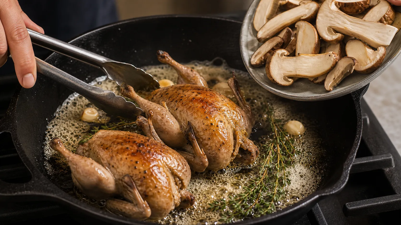 Quail are seared in butter on all sides while porcini are prepped with garlic and thyme
